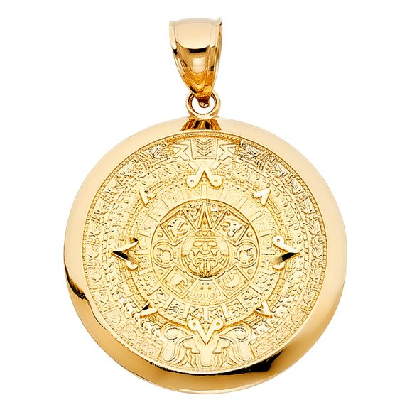 New Large 2" Inches Heavy 14k Solid Yellow Gold Aztec Calendar Pendant 35mm